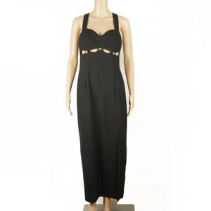 Vintage 80s Black Cutout Gold Metal Hearts Maxi Dress